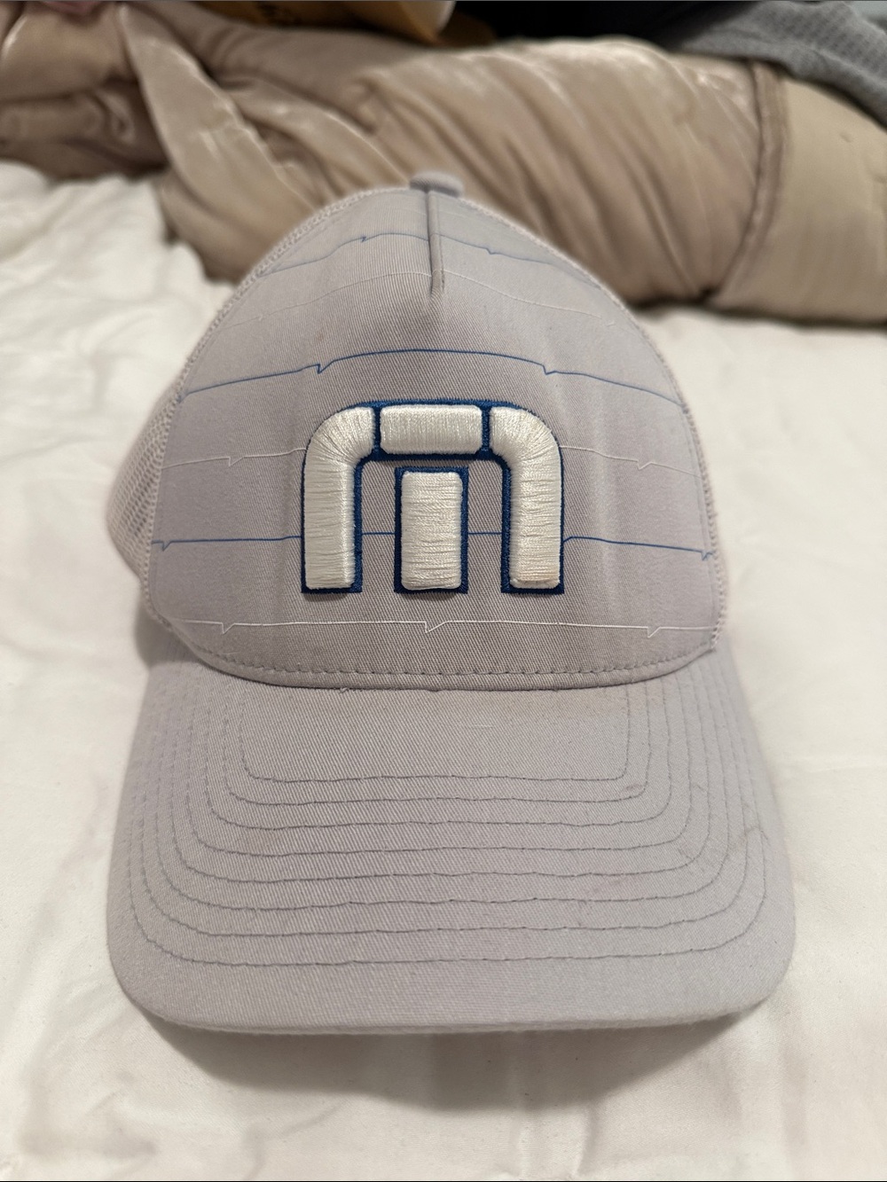 Travis Mathew Light Gray Mesh-Back Hat with White & Navy Logo